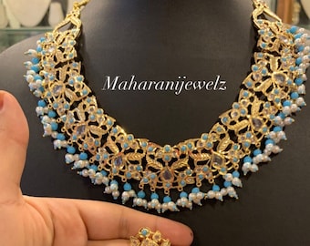 Firozi necklace set Pakistani Bridal set 21k gold plated with pearls and turquoise beads Indian Pakistani wedding jewelry Hyderabadi Jadu