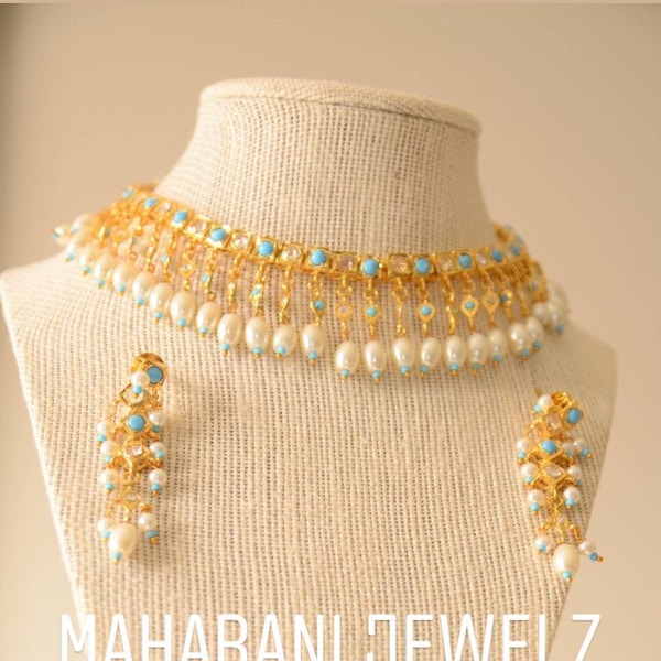 Fizza gold plated firoza set with pearls and turquoise/ Indian bracelets/ Indian bangles/ turquoise choker/ polki necklace