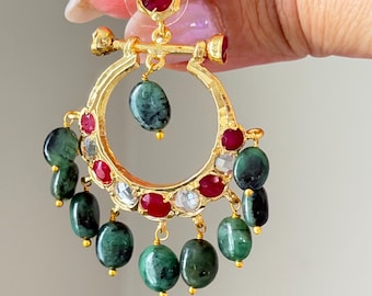 Kleine Chandbal Ohrringe Jadau | Indische pakistanische Brautschmuck | natürliche Smaragd Rubin Chanbalis grün rot vergoldet Eid Geschenk für Sie
