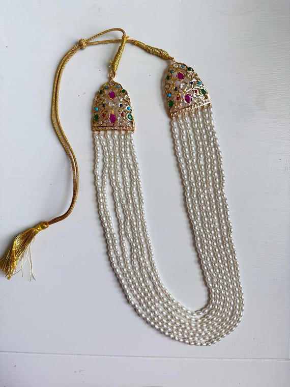Mughal-Inspired Multi-Layer Pearl Mala | Jadau Hinges Navratan Jewelry | Unisex Indian Pakistani Wedding Necklace for Bride or Groom