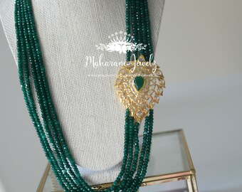 Tanveer Mala in Emeralds/ Multi-strand Emerald necklace, Natural emeralds, Bridal, Side Pendant, emerald bead necklace, long necklace