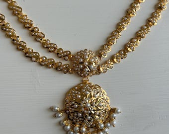 Jadau Hyderabadi Pearl Necklace Set | Gold Plated on Silver | Indian Pakistani Bridal Jewelry | Layered Pearl Pendant Necklace Mathapatti