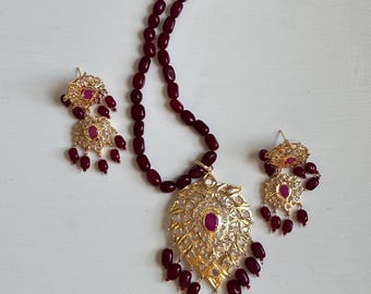 Red Ruby Beads Mala Necklace Set – 21K Gold Plated Silver with Matching Earrings | Indian Jewelry | Pakistani Wedding Jewelry Jadau pendant