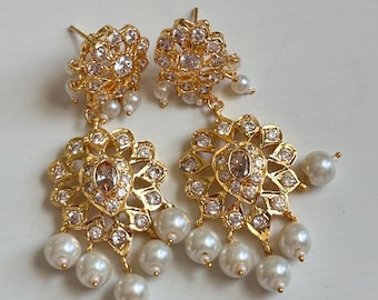 Jadau Pearl Earrings Dangle Drop | Polki Earrings Gold Plated Silver | Indian wedding Jewelry | White Pearl Jhumka Earrings for Women gift