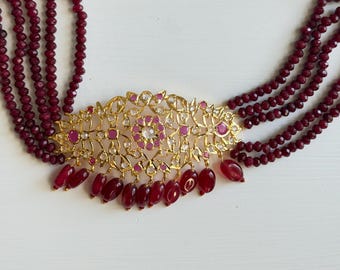 Jadau Choker Necklace Set Guluband Red Faceted Bead Necklace, Gold Plated Silver Indian Bridal Jewelry, Pakistani Wedding Jewelry Gift