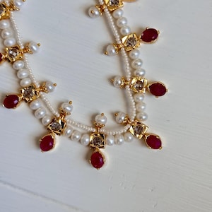 Ruby Teardrop Pearl Necklace Set with Earrings | Red Crystal Bridal Jewelry Set | Elegant Wedding Necklace & Earring Set
