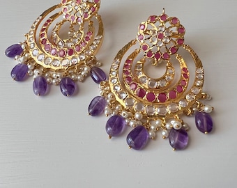 Pink Purple Chandbali Earrings 21K Gold Plated Indian Pakistani Bridal Jewelry Wedding Earrings Nikkah sangeet Mehndi Jewelry Gift for Her