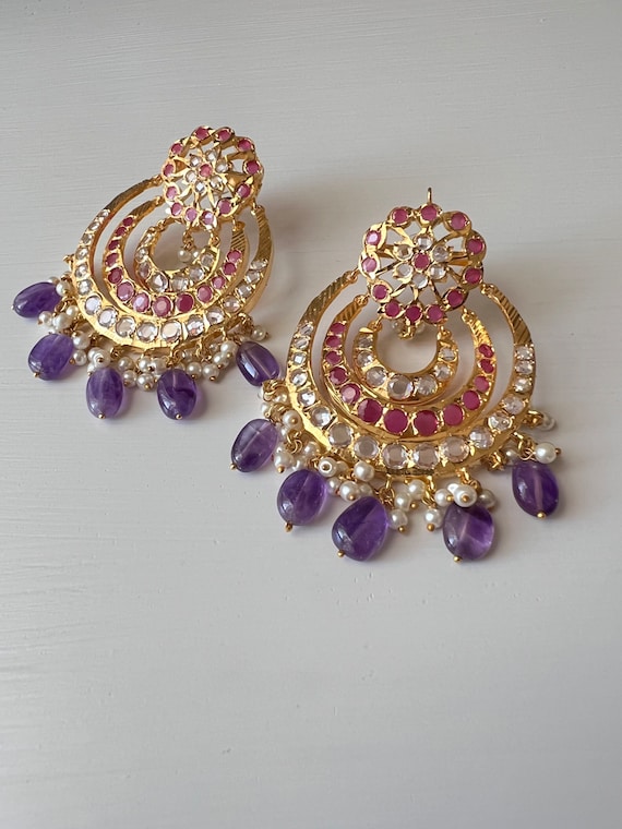 Shahzeen Chandbali 21k Gold Plated With Semi Precious Stones Pink and Purple Statement Earrings Etsy Australia