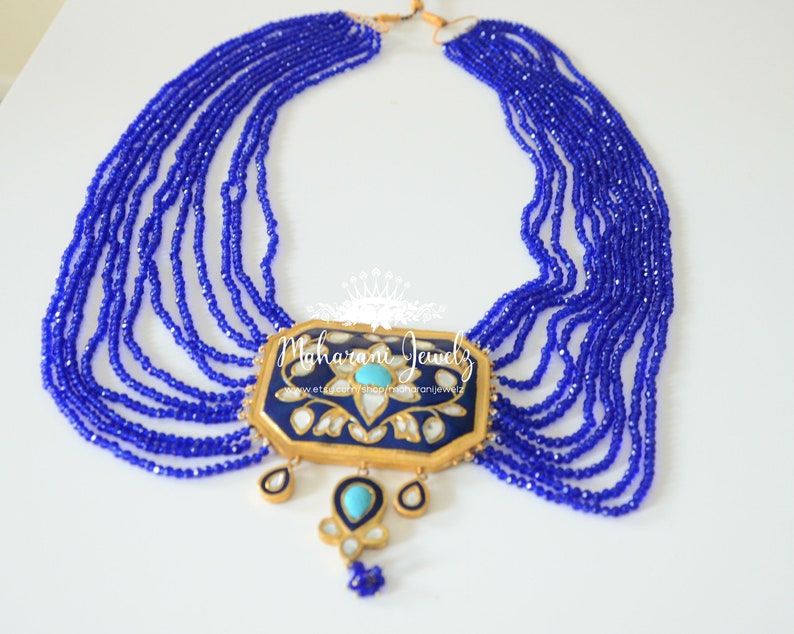 Quratulain Royal Blue Wide statement necklace with earrings