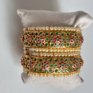 Gold Plated Jadau Kangan Bangles with Rubies, Emeralds & Pearls | Indian Bridal Jewelry | Pakistani Wedding Jewelry | Hyderabadi Floral Desi