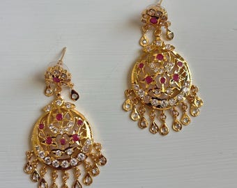 Mughal Jadau Polki Earrings, Gold Plated Ruby Indian Jewelry