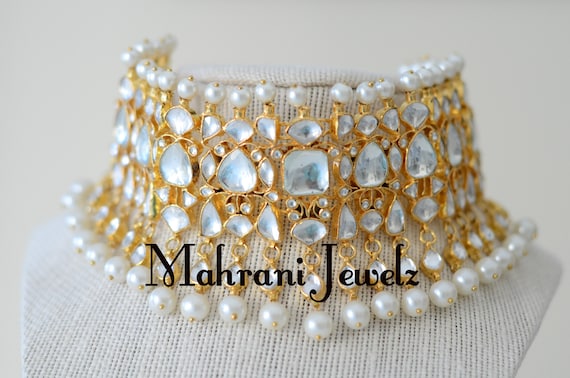 MaharaniJewelz Devi Kundan Bridal Choker Set with Earrings (24 K Gold Plated on Silver with Pearls)