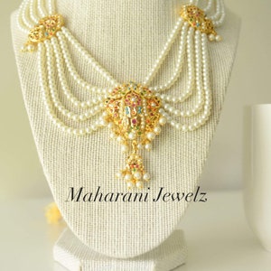 Sajal gold plated pearl bridal necklace set with long Jhumkas/ Navratan set