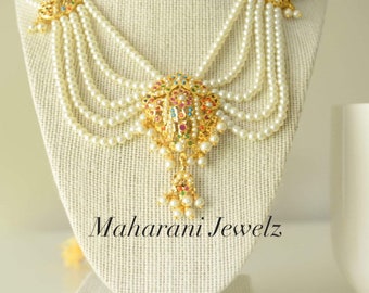 Sajal gold plated pearl bridal necklace set with long Jhumkas/ Navratan set