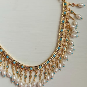 Jadau vergulde Firoza polki ketting set | Turkoois, parels, Indiase armbanden firozi Pakistaanse ketting set huwelijkssieraden Hyderabadi
