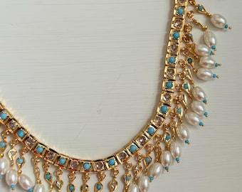 Jadau Gold Plated Firoza Polki Necklace Set | Turquoise, Pearls, Indian Bangles firozi Pakistani necklace set wedding jewelry Hyderabadi