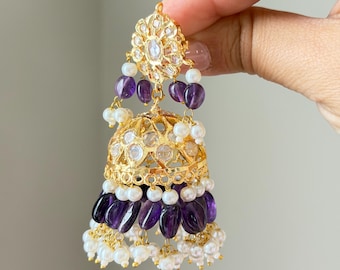 Boucles d'oreilles jhumka violettes | Style de lustre indien, bijoux de mariage