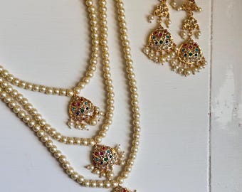 3 Layer Pearl Necklace Set with Earrings – Indian Jadau Navratan Jewelry – Bridal Kundan Set – Bollywood Desi Pearl Jewelry
