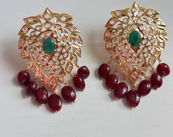 Paan Jadau Earrings, Gold Plated Silver with Natural Ruby and Emerald, Indian Pakistani Bridal Jewelry, Traditional Wedding Earrings Gift