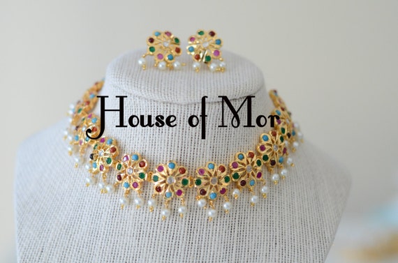 Farwa Gold Plated, Navratan Phool Necklace set