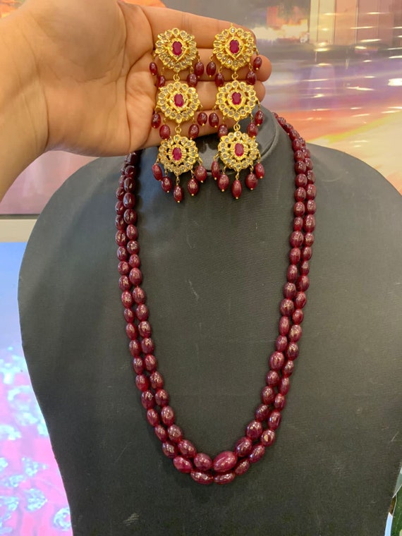 Guttapusala Necklace Matching Earrings/ Antique Gold Finish / Ruby Beads  Light Weight /with Red and Green CZ Stones/ South Indian Jewelry - Etsy