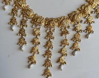 Jadau Gold Plated Pearl Choker Set Pakistani Bridal Guluband Necklace with Matching Jadau Earrings Indian Wedding Jewelry