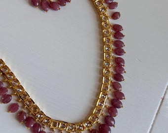 Ruby Necklace Natural pink rubies bead necklace jadau necklace set 21k gold plated on silver Indian wedding Hyderabadi chandbalis