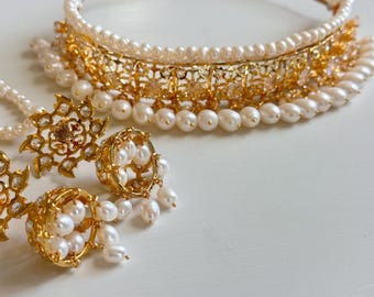 Hyderabadi brudchoker Förgylld pärla Guluband halsbandsset Jadau indisk brudchoker med Jhumka örhängen Indiska pakistanska smycken