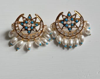 Chand Sitara Firozi Earrings, Gold Plated Turquoise Pearl Earrings, Hyderabadi  Jadau Earrings, Indian Pakistani Bridal Wedding Eid gift her
