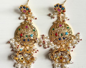 21k Gold Plated Navratan Jhumka Earrings: Indian Wedding Jewelry