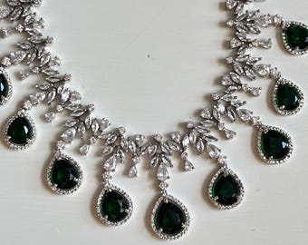 Emerald Teardrop Necklace and Earrings Set | Sterling Silver Jewelry with Cubic Zirconia Diamonds | Gift for Her Bridal Jewelry statement