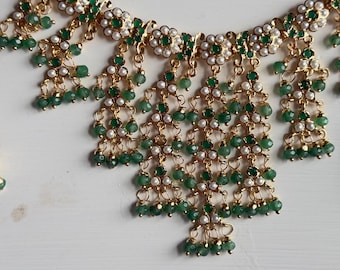 Jadau emerald and pearls delicate choker guluband gold plated Indian wedding Pakistani necklace set Bangladeshi jewelry gift for her