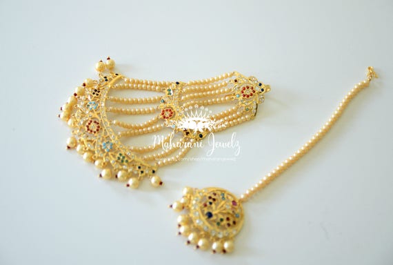 Uzma Gold Plated Navratan Jhumer And Teeka Set Indian Bridal Etsy
