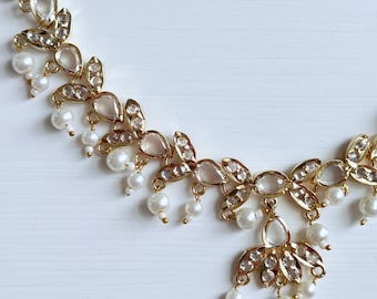 Floral Vine White topaz Bridal Necklace Set, Pearl Wedding Jewelry, Gold Plated Silver Necklace & Earrings, Delicate Bridal Jewelry Diamond