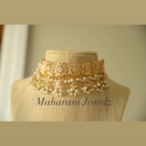 Pearl Jadau Choker Set | Gold Plated Jhumka Earrings | Indian Pakistani Bridal Jewelry | Wedding Necklace | Bollywood Jewelry Gift | Nikkah