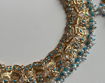 Mughal Inspired Jadau Jewelry Set | Gold Plated Firozi Pearl Necklace Set with Big Statement Earrings | Indian Bridal Jarao Set
