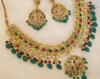 Farwa Gold Plated Navratan Phool Necklace Set | Etsy
