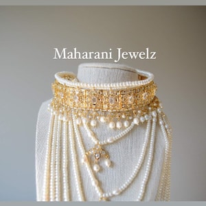 Gold Plated Hyderabadi pearl Guluband Set | White Jadau Lachha Indian Bridal Jewelry with Jhumka Earrings Pak Nikkah bride Pakistani bridal