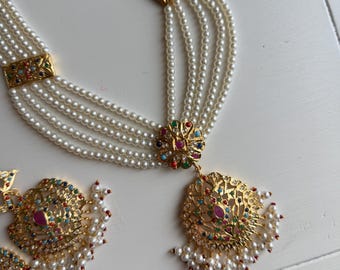 Navratan Pearl Rani Haar Necklace Set with Matching Earrings, Gold Plated Hyderabadi Jewelry, Indian Bridal, Pakistani Jewelry Gift for her