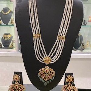 Rani Haar mit echten Perlen, Smaragden und Rubinen | Hyderabad Stil Jadau Halskettenset | Indisches Brautset | Pakistanische Braut Set |