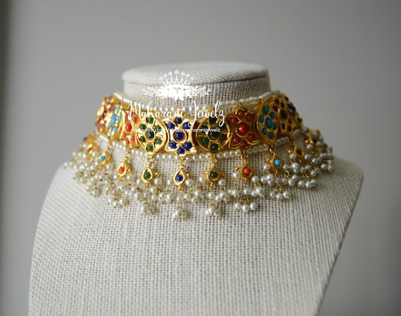 Saima gold plated Navratan choker set /Statement c