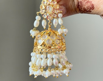 White Jhumka Earrings Jadau gold plated pearl  Indian Pakistani, Traditional statement Jewelry, Kundan Style Wedding Jewelry Gift for her