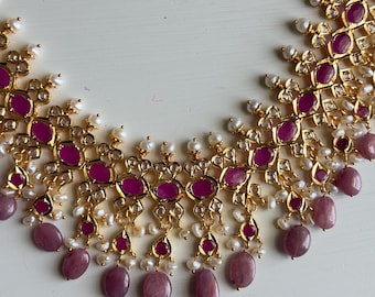 Jadau Real pink Ruby & Pearl Necklace Set  Hyderabad Jewelry Gold Plated Indian Pakistani Bridal Wedding Set gift for her red statement
