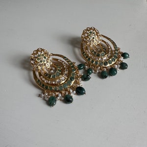 Natural emeralds large chandbali with raw emerald beads and jadau emeralds | Indian Pakistani earrings | 21k gold plated on silver
