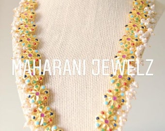 Farwa phool mala, gold plated with navratan gems and pearls