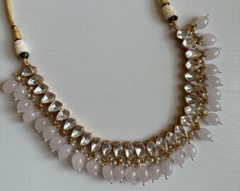 Rose Quartz necklace with Kundan | 21k gold plated kundan necklace with Pink beads | Light Pink necklace | blush bib necklace