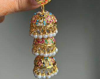 Navratan Pearl Jhumka Earrings 21K Gold Plated Jadau Earrings Indian Pakistani Bridal Jewelry Wedding Earrings Statement Gift Hyderabadi