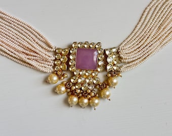 Pink Kundan Choker Necklace with Seed Pearls, Jadau Bridal Jewelry, Gold Plated Indian Wedding Necklace Set Pakistani Bridal Jewelry, Mughal