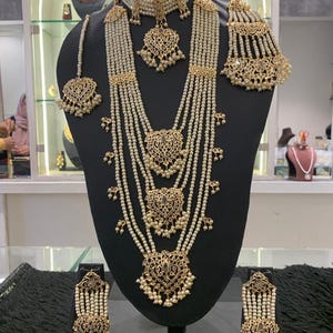 Pearl Indian bridal set Hyderabadi Jadau rani haar and choker set with maang teeka and jhumer gold plated on silver passa Pakistani bride