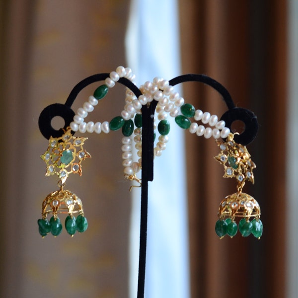 Gold plated Emerald Nizami Jhumka, Hyderabadi Jhumka, natural emeralds, natural rubies, natural pearls,